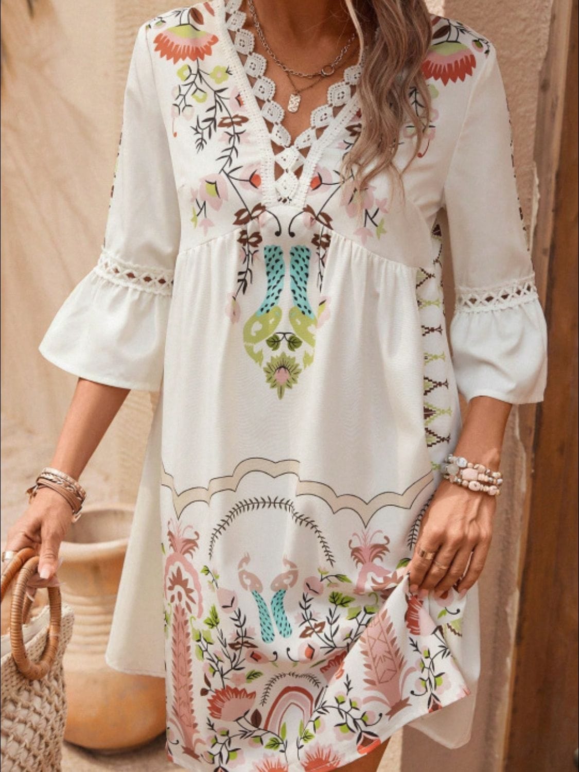 Lace Detail Printed Three-Quarter Sleeve Dress The Nichole Collection