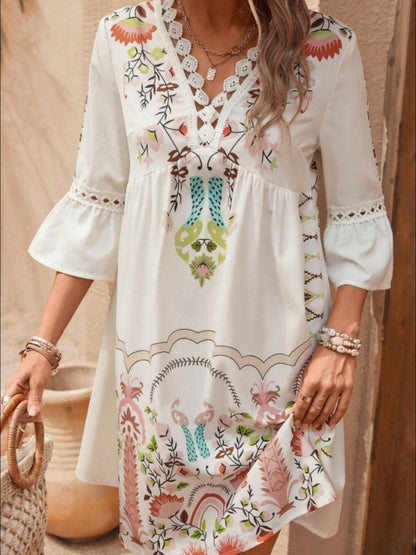 Lace Detail Printed Three-Quarter Sleeve Dress The Nichole Collection