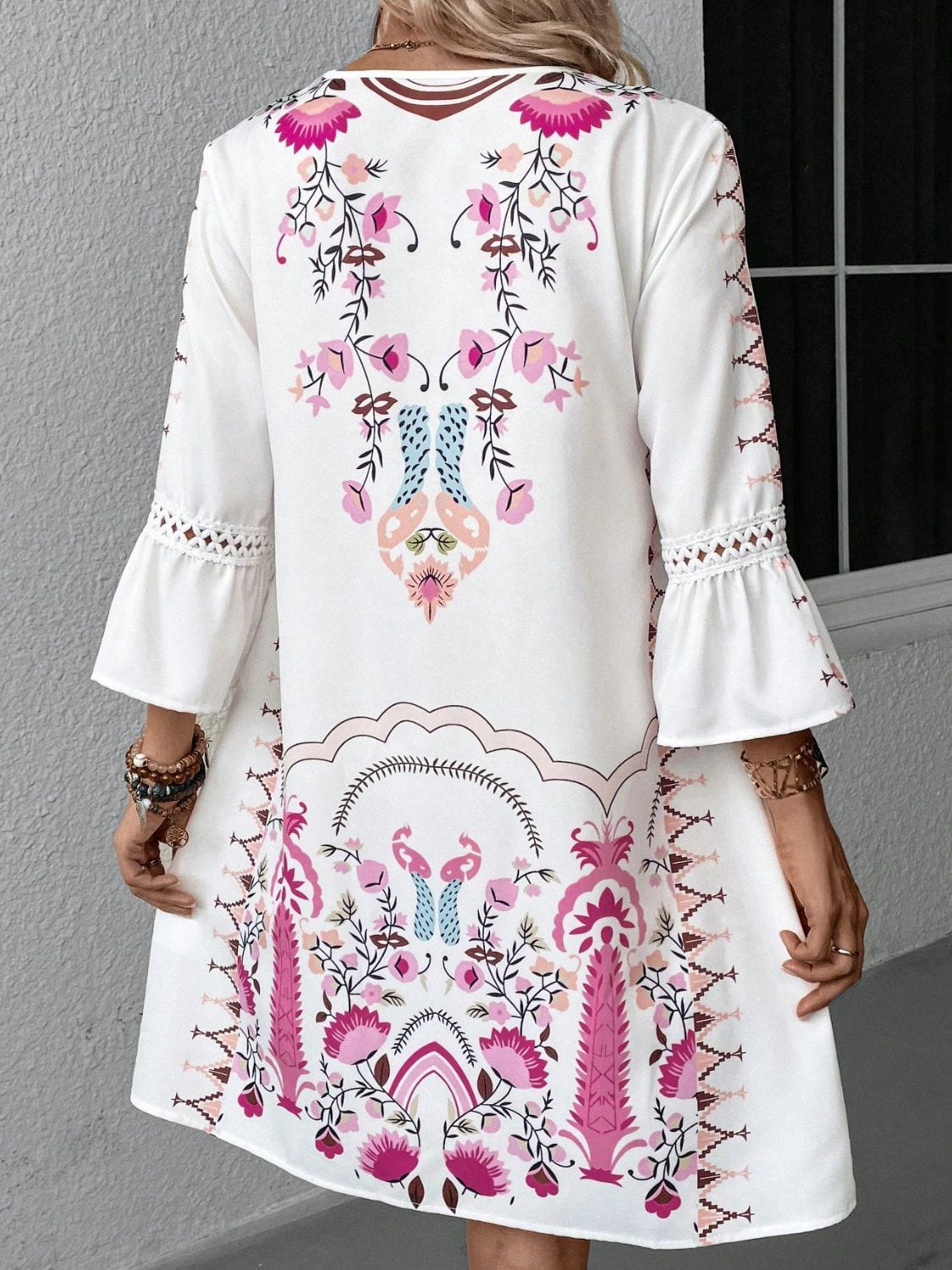 Lace Detail Printed Three-Quarter Sleeve Dress The Nichole Collection