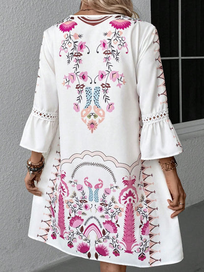 Lace Detail Printed Three-Quarter Sleeve Dress The Nichole Collection