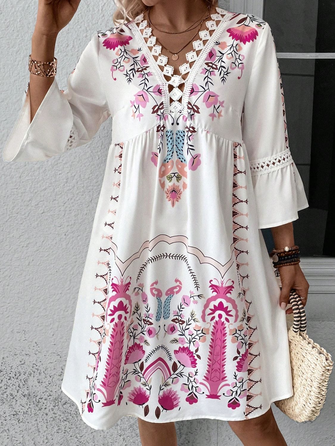 Lace Detail Printed Three-Quarter Sleeve Dress Deep Rose / S The Nichole Collection