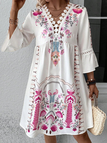 Lace Detail Printed Three-Quarter Sleeve Dress Deep Rose / S The Nichole Collection