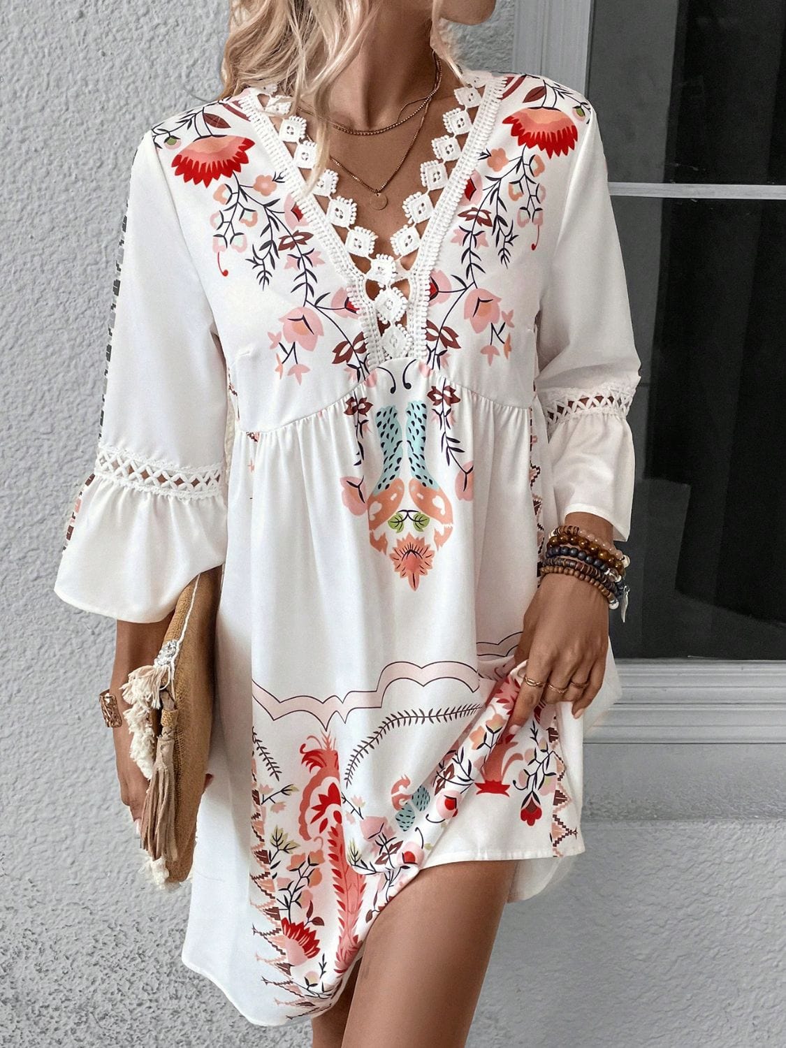 Lace Detail Printed Three-Quarter Sleeve Dress Deep Red / S The Nichole Collection