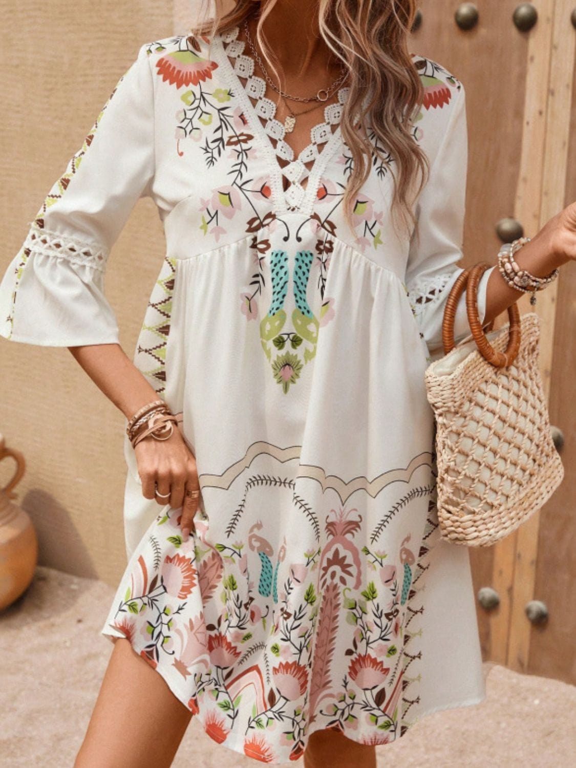Lace Detail Printed Three-Quarter Sleeve Dress Apricot / S The Nichole Collection
