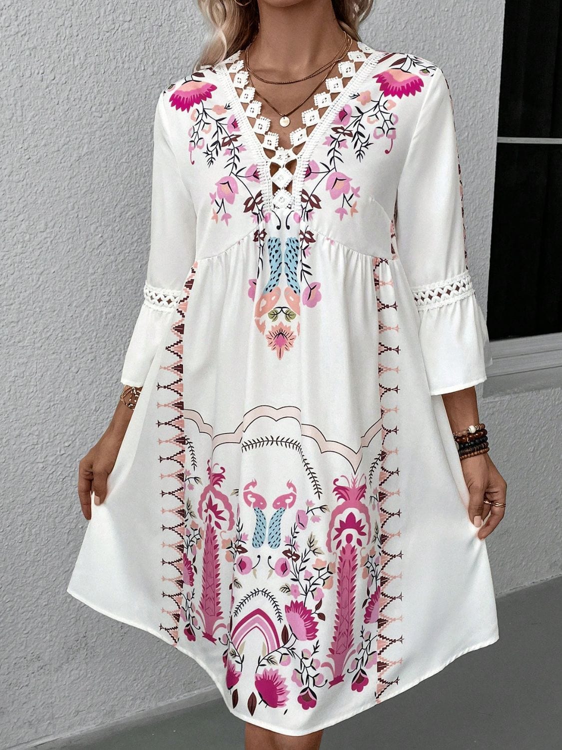 Lace Detail Printed Three-Quarter Sleeve Dress The Nichole Collection