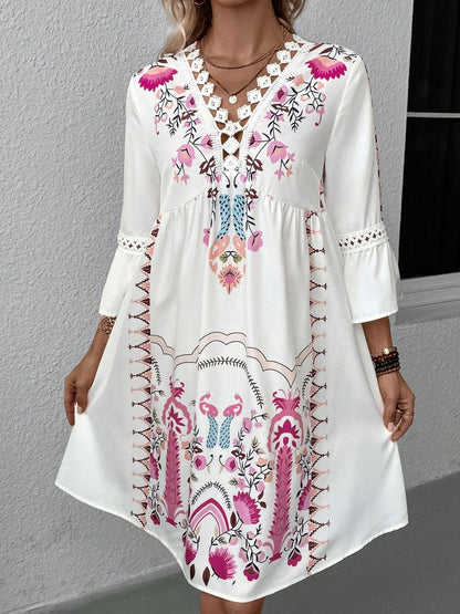 Lace Detail Printed Three-Quarter Sleeve Dress The Nichole Collection