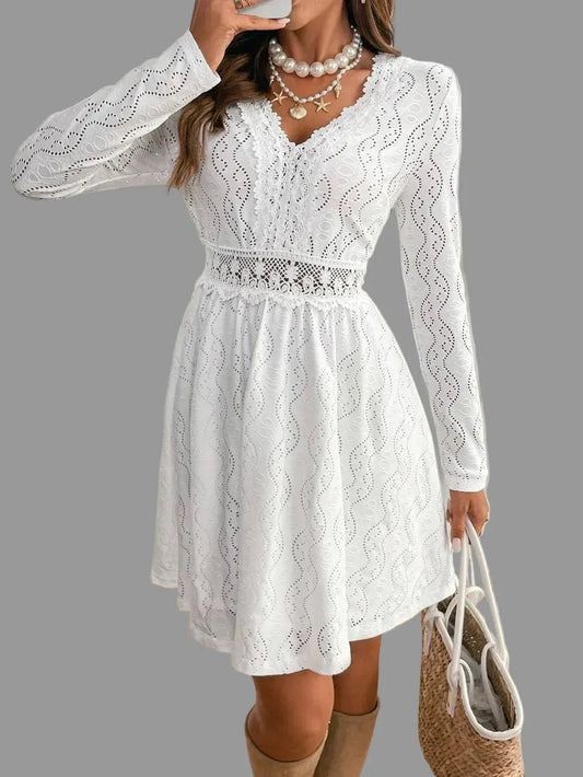 Lace Detail V Neck Long Sleeve Mini Dress Dresses White / S The Nichole Collection