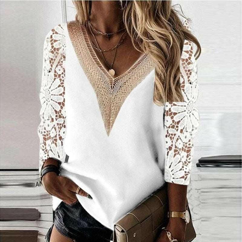 Lace-Detailed V-Neck Long Sleeve Blouse Tops White / S The Nichole Collection