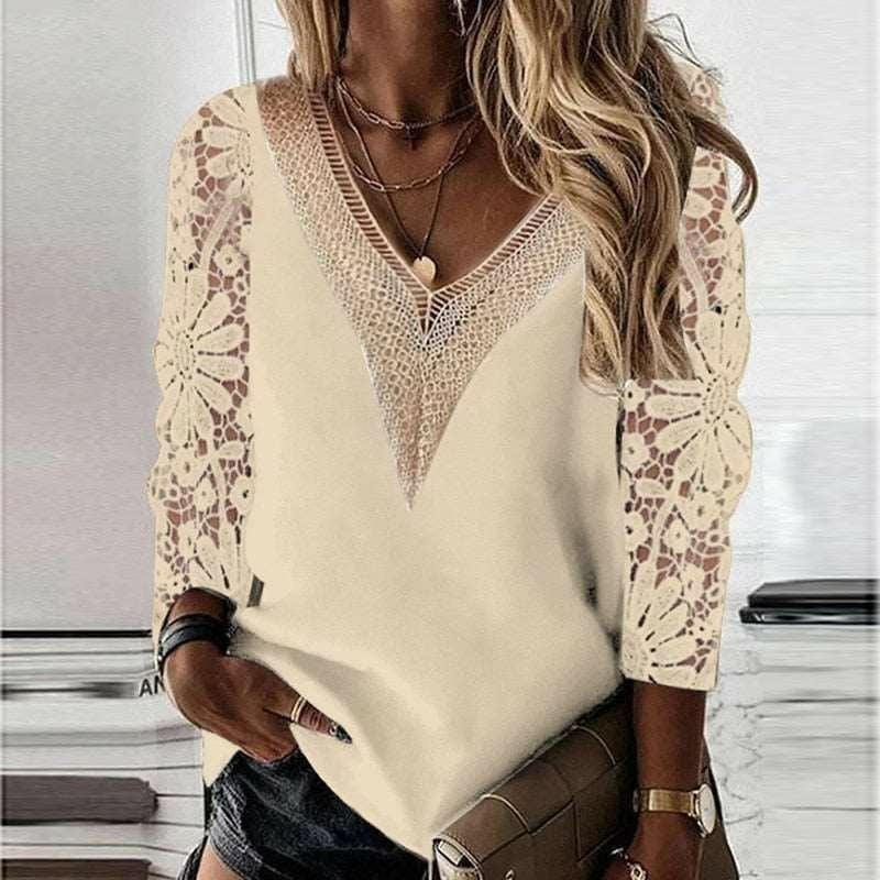 Lace-Detailed V-Neck Long Sleeve Blouse Tops The Nichole Collection