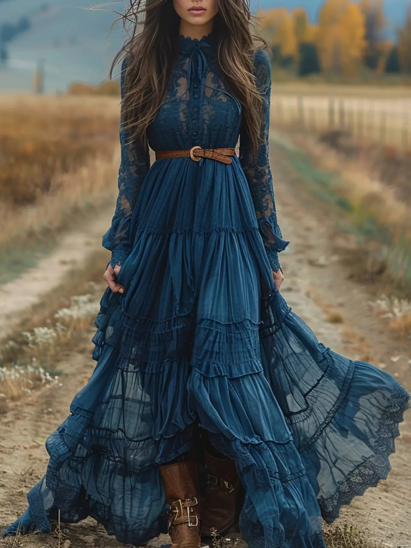 Lace Long Sleeve Maxi Dress Peacock Blue / S The Nichole Collection
