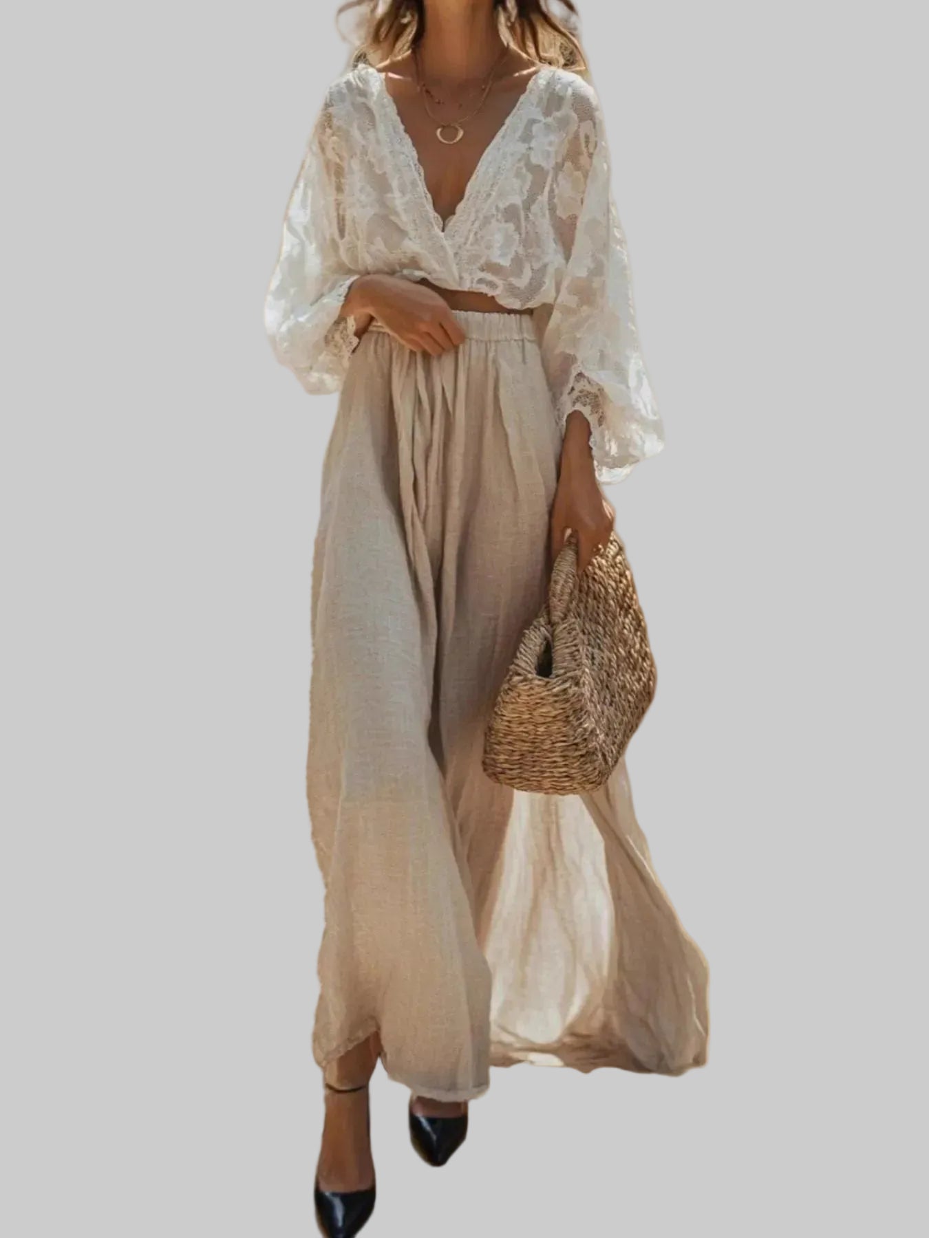 Lace Long Sleeve Top and Skirt Set Apricot / S The Nichole Collection
