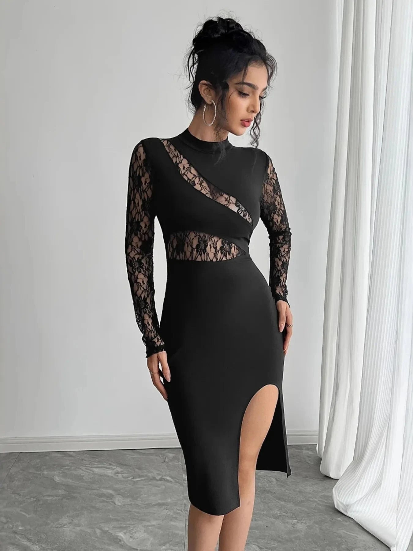 Lace Mock Neck Slit Dress Dresses The Nichole Collection
