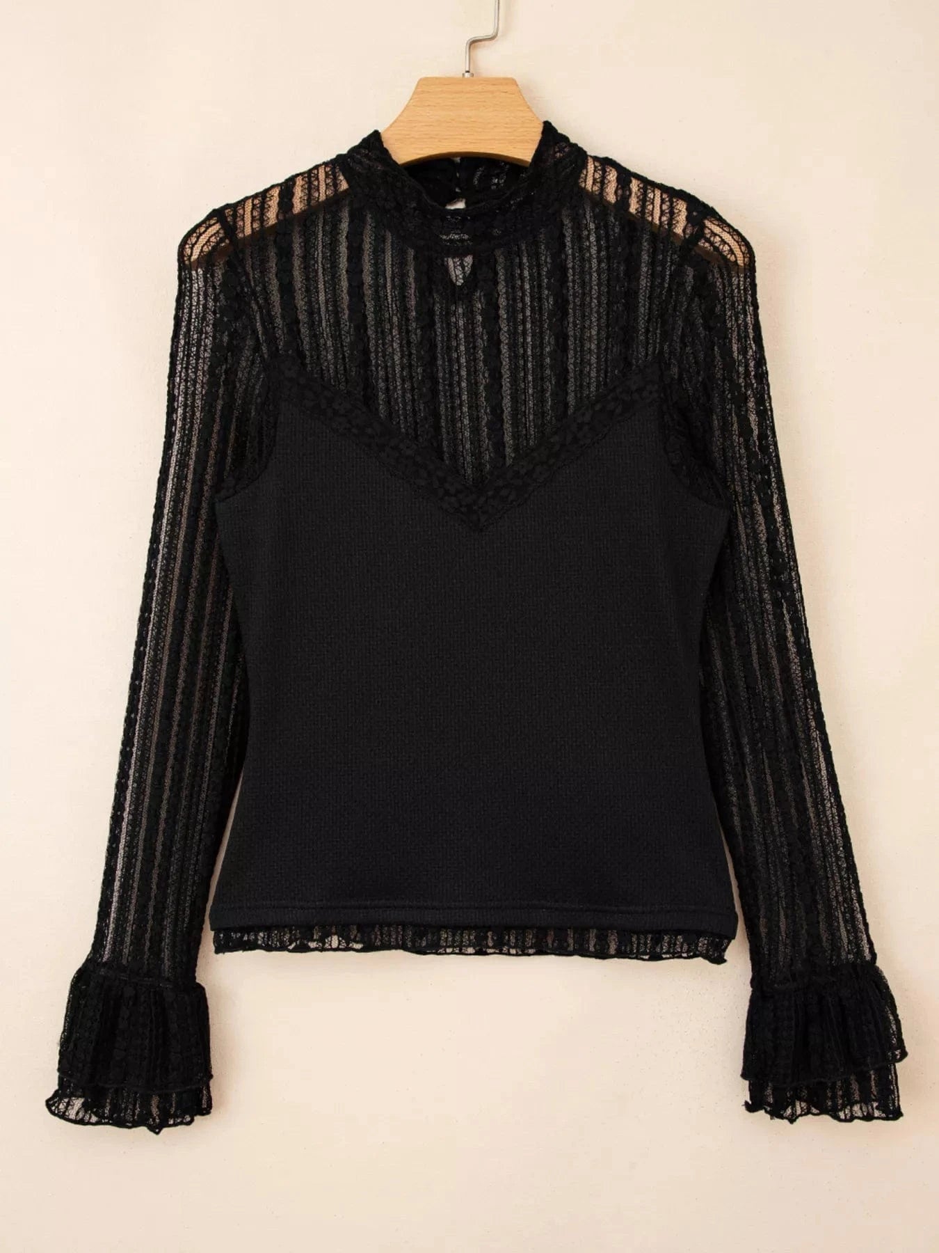 Lace Patchwork Flounce Sleeve Slim Fit Top Trendsi