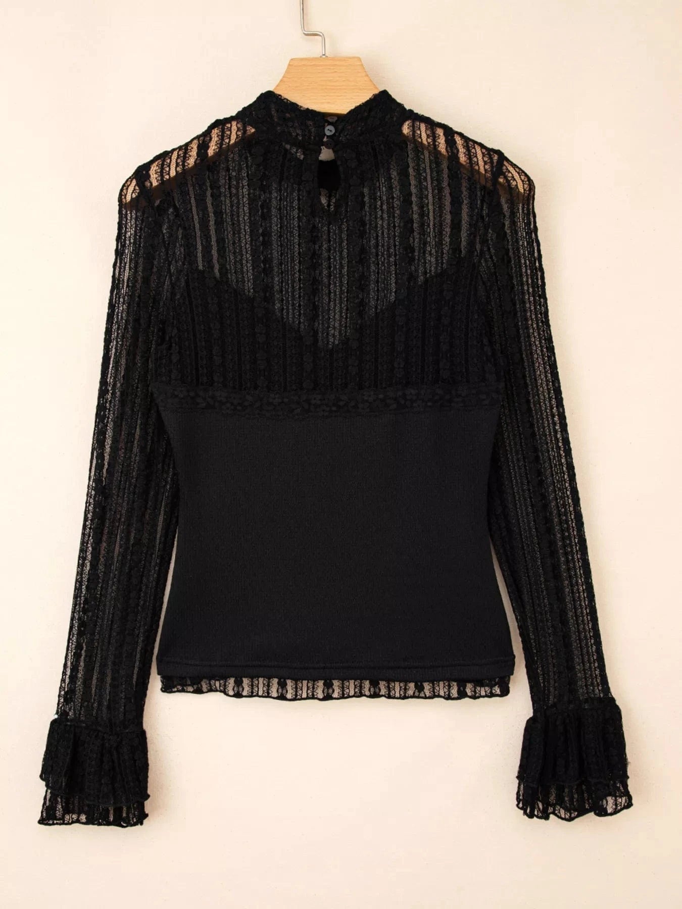 Lace Patchwork Flounce Sleeve Slim Fit Top Trendsi