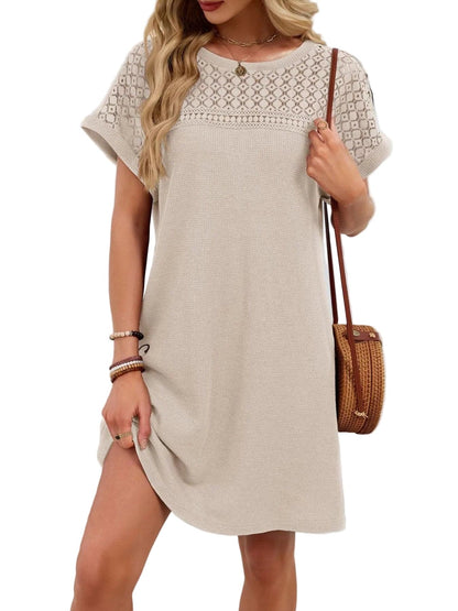 Lace Round Neck Short Sleeve T-Shirt Dress Beige / S Dresses The Nichole Collection