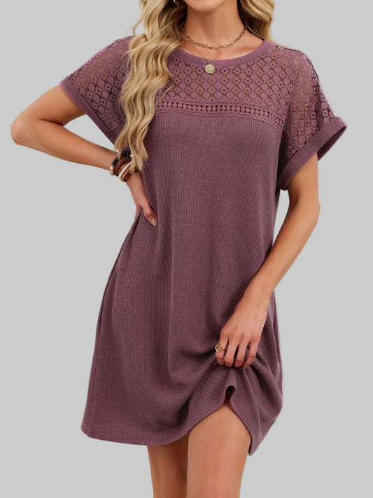 Lace Round Neck Short Sleeve T-Shirt Dress Mauve / S Dresses The Nichole Collection