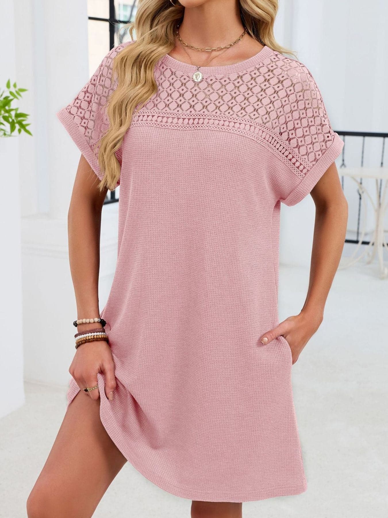 Lace Round Neck Short Sleeve T-Shirt Dress Blush Pink / S Dresses The Nichole Collection