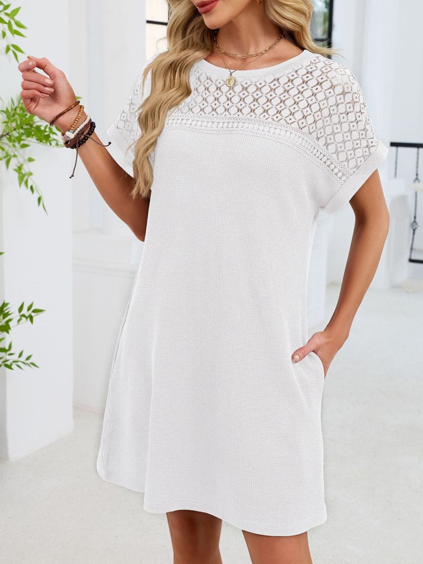 Lace Round Neck Short Sleeve T-Shirt Dress White / S Dresses The Nichole Collection
