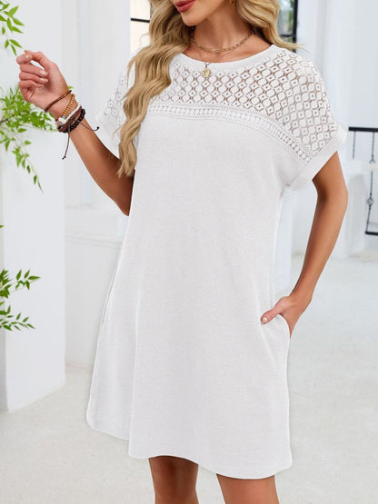 Lace Round Neck Short Sleeve T-Shirt Dress White / S Dresses The Nichole Collection