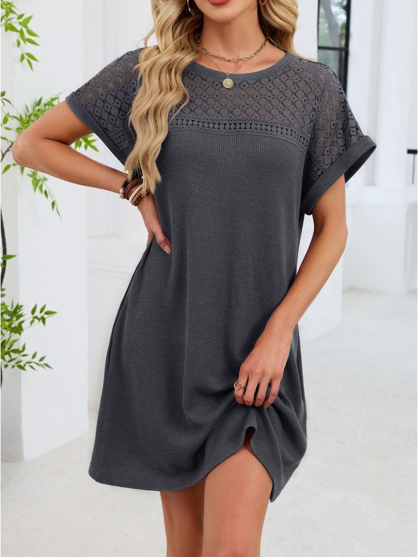 Lace Round Neck Short Sleeve T-Shirt Dress Dresses The Nichole Collection