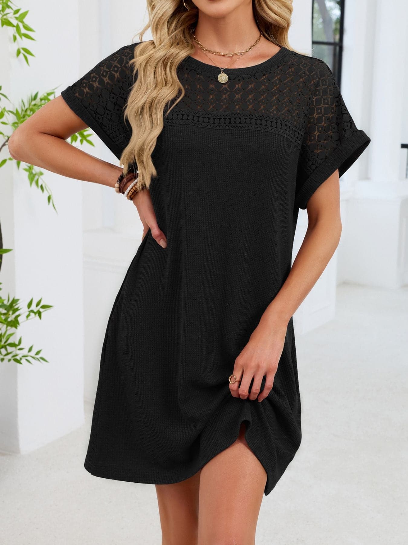 Lace Round Neck Short Sleeve T-Shirt Dress Dresses The Nichole Collection