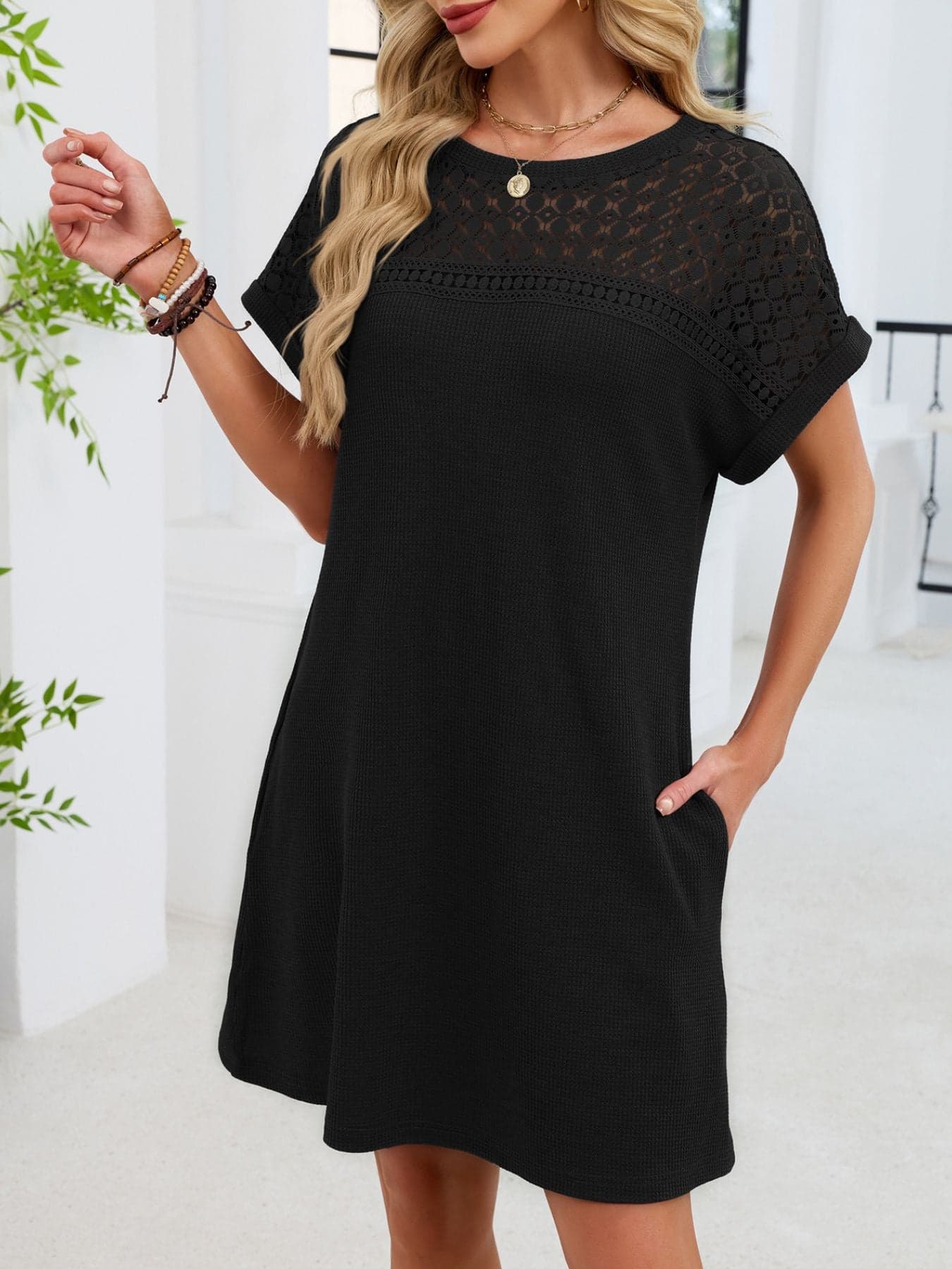 Lace Round Neck Short Sleeve T-Shirt Dress Black / S Dresses The Nichole Collection