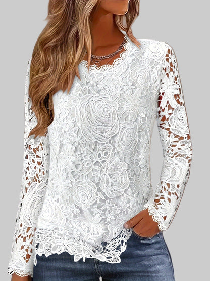 Lace Scallop Trim High-Neck Blouse Shirts & Tops The Nichole Collection