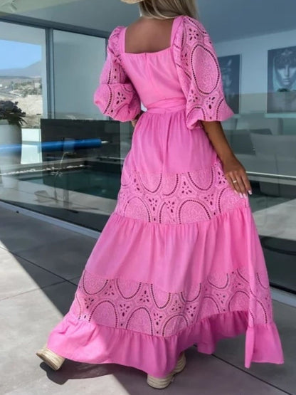 Lace Sleeve Belted Tiered Ruffled Maxi Dress Maxi Dresses The Nichole Collection - Official Site