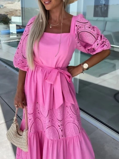 Lace Sleeve Belted Tiered Ruffled Maxi Dress Maxi Dresses The Nichole Collection - Official Site