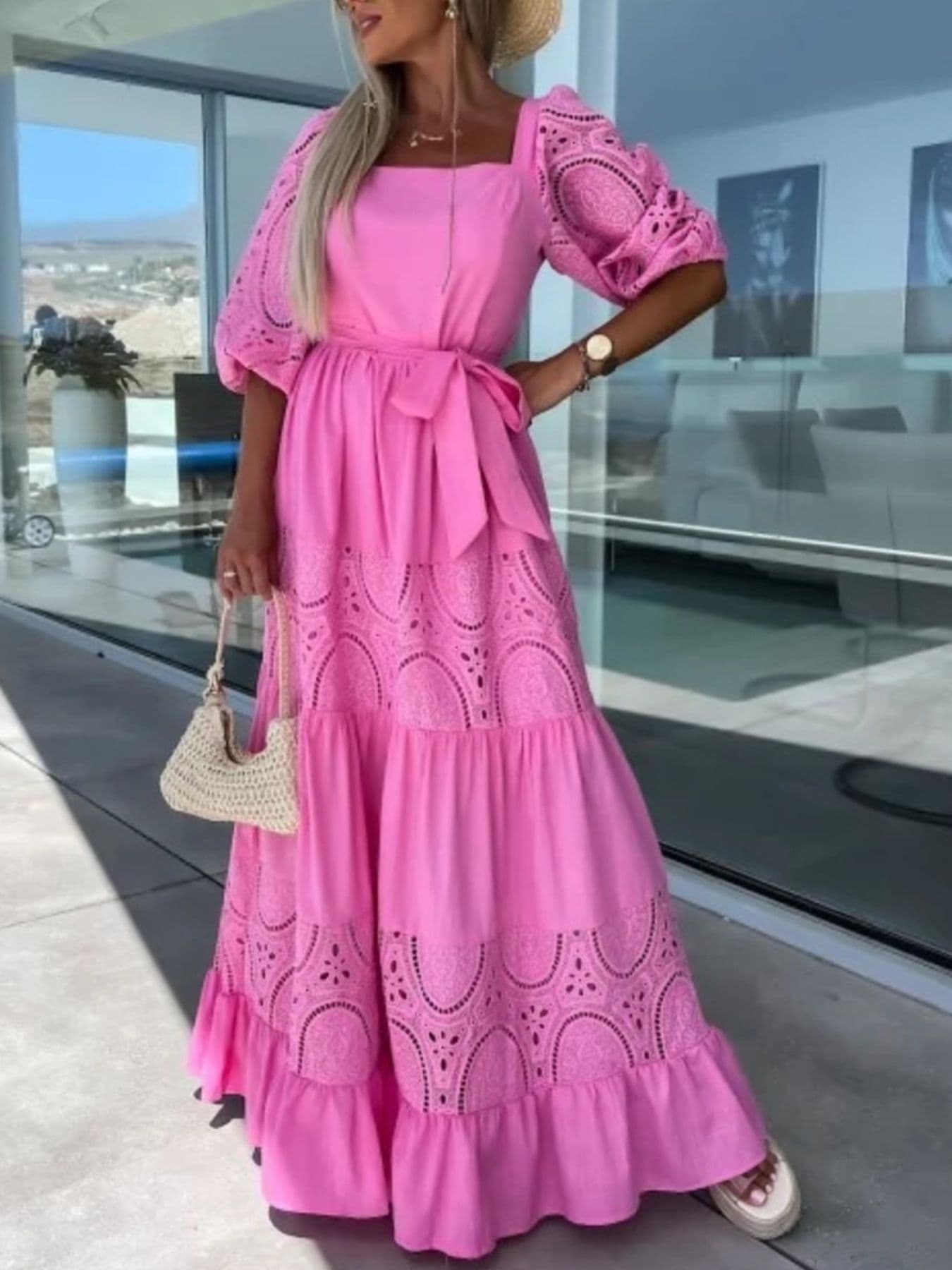 Lace Sleeve Belted Tiered Ruffled Maxi Dress Bright Powder / S Maxi Dresses The Nichole Collection - Official Site