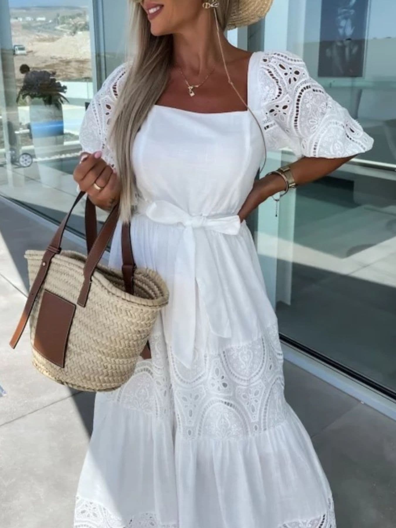 Lace Sleeve Belted Tiered Ruffled Maxi Dress Milky White / S Maxi Dresses The Nichole Collection - Official Site