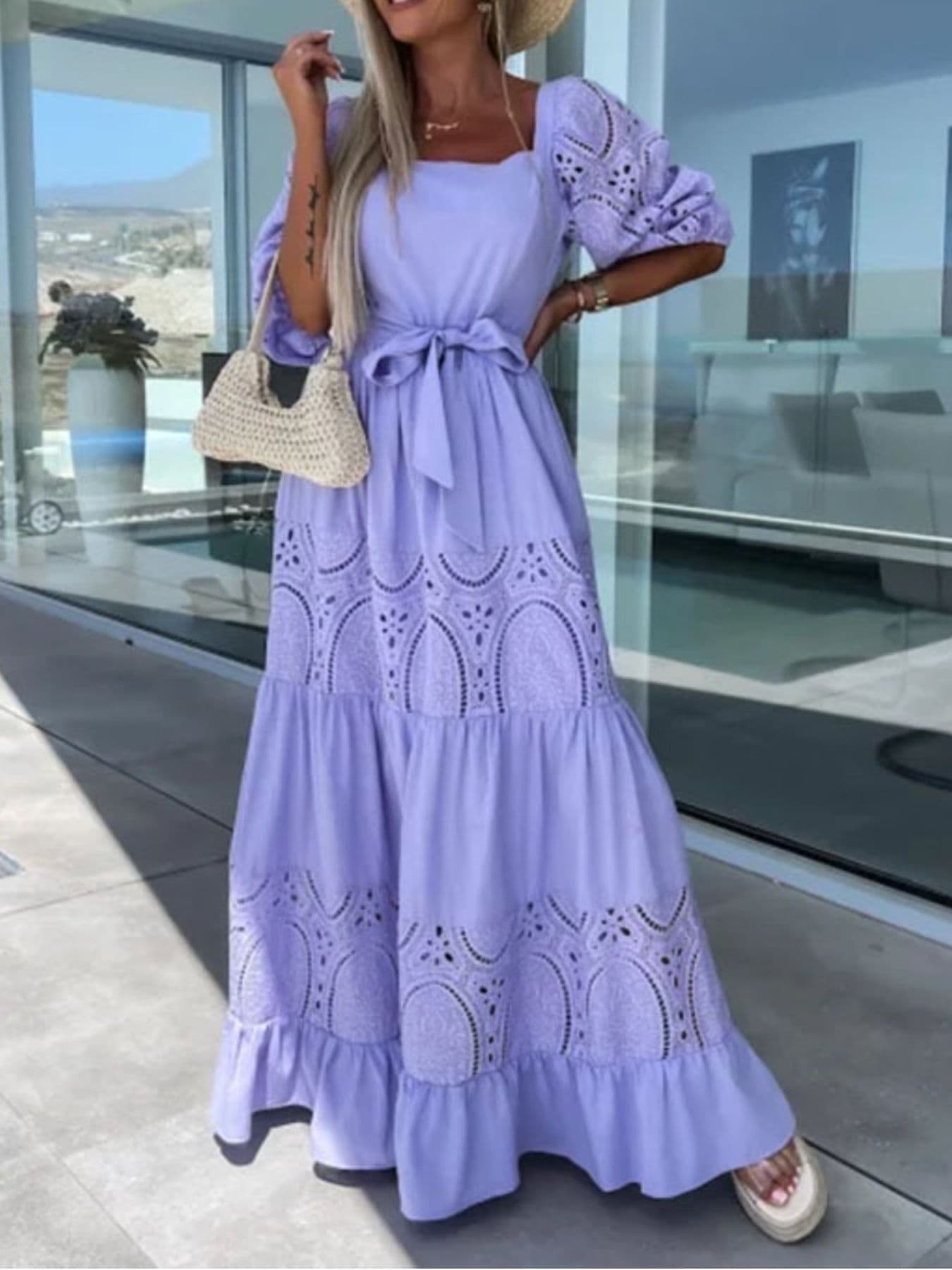 Lace Sleeve Belted Tiered Ruffled Maxi Dress Maxi Dresses The Nichole Collection - Official Site