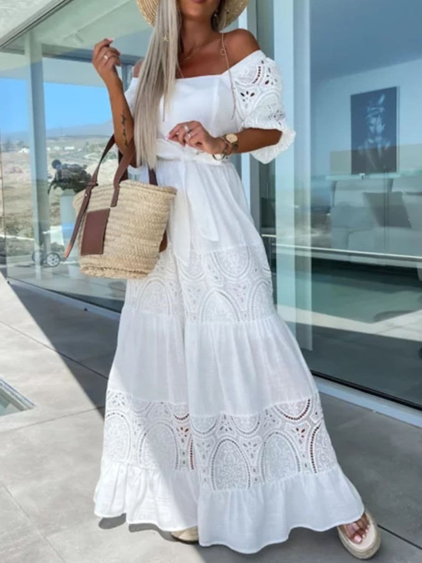 Lace Sleeve Belted Tiered Ruffled Maxi Dress Maxi Dresses The Nichole Collection - Official Site
