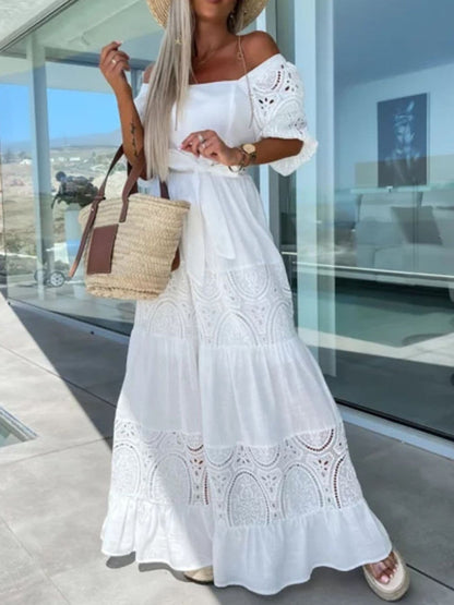 Lace Sleeve Belted Tiered Ruffled Maxi Dress Maxi Dresses The Nichole Collection - Official Site