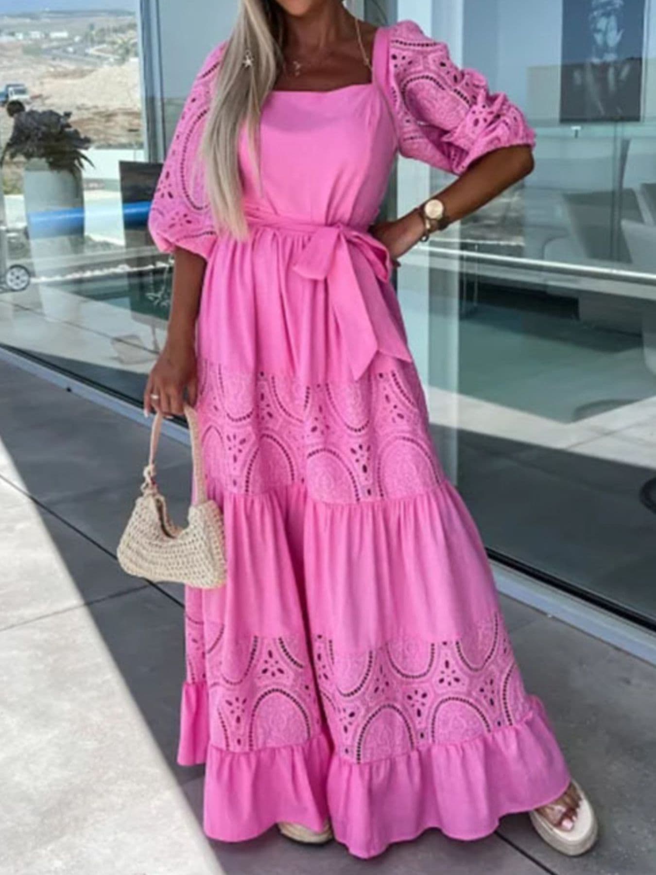 Lace Sleeve Belted Tiered Ruffled Maxi Dress Maxi Dresses The Nichole Collection - Official Site