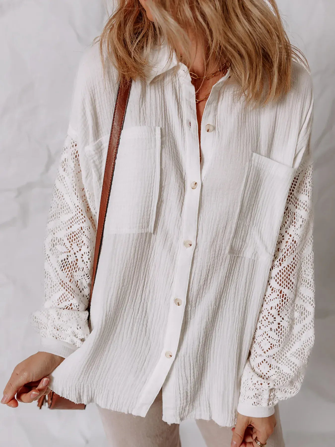 Lace Sleeve Button Down Shirt White / S The Nichole Collection
