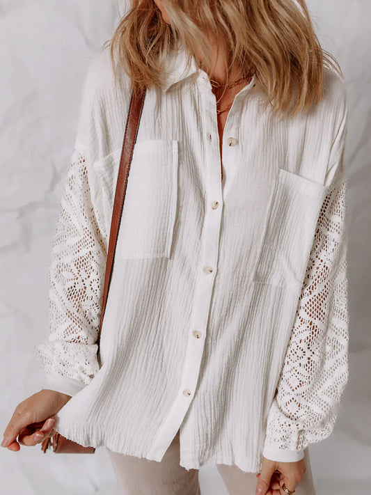 Lace Sleeve Button Down Shirt White / S The Nichole Collection