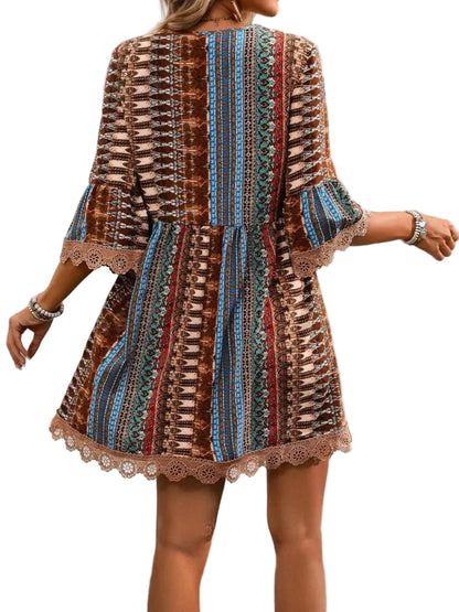 Lace Trim Printed V-Neck 3/4 Sleeve Dress Mini Dresses The Nichole Collection - Official Site