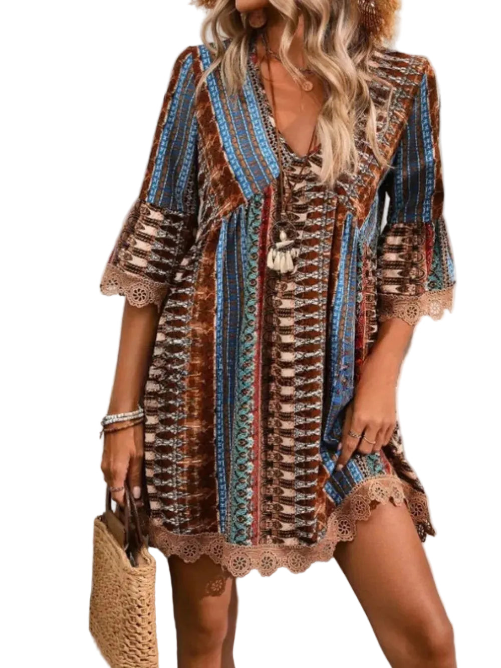 Lace Trim Printed V-Neck 3/4 Sleeve Dress Brown / S Mini Dresses The Nichole Collection - Official Site