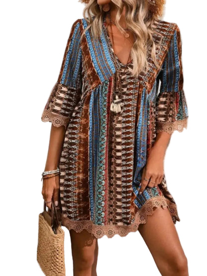 Lace Trim Printed V-Neck 3/4 Sleeve Dress Brown / S Mini Dresses The Nichole Collection - Official Site