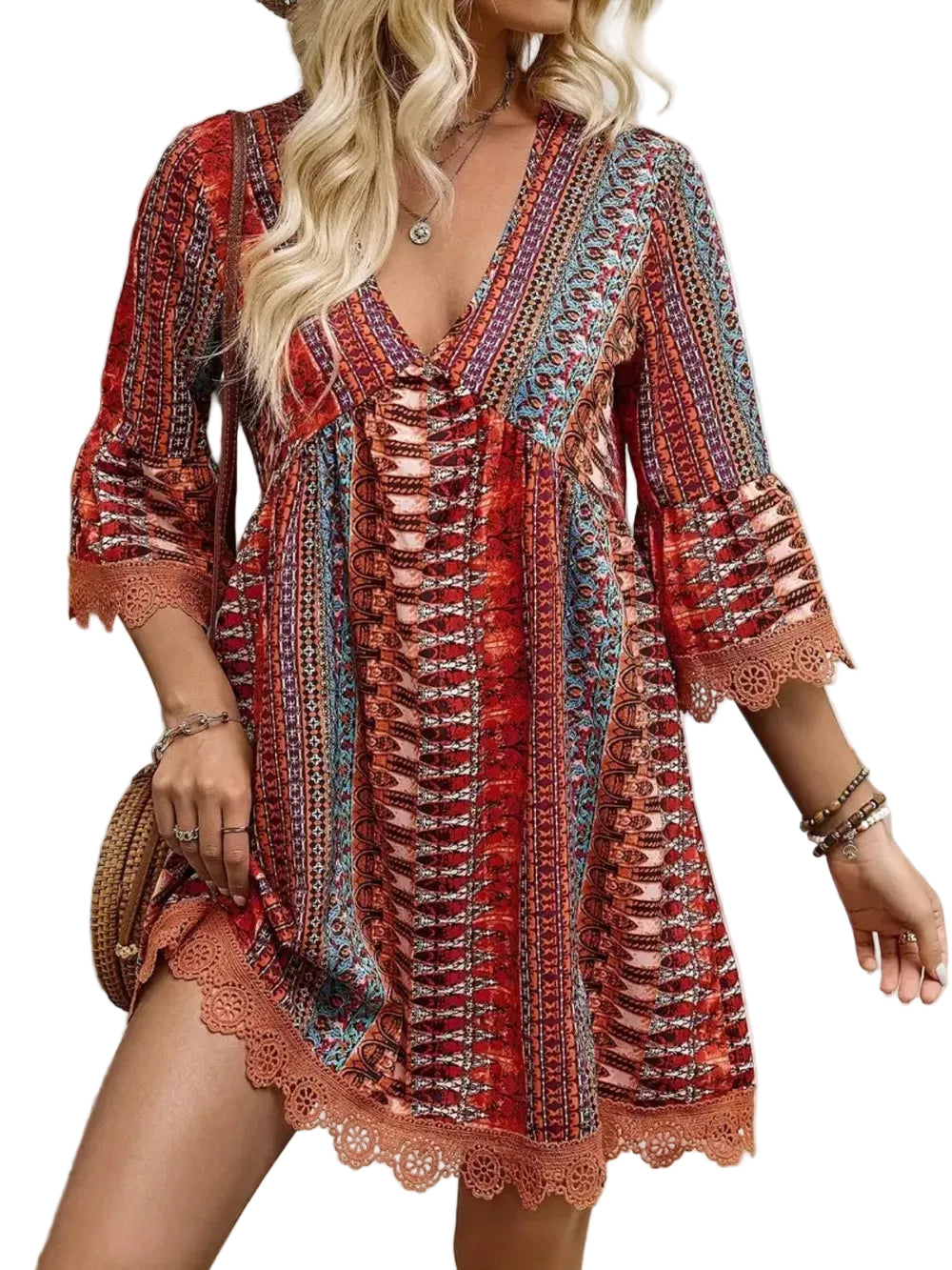 Lace Trim Printed V-Neck 3/4 Sleeve Dress Rust / S Mini Dresses The Nichole Collection - Official Site