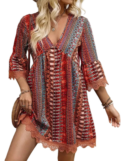 Lace Trim Printed V-Neck 3/4 Sleeve Dress Rust / S Mini Dresses The Nichole Collection - Official Site