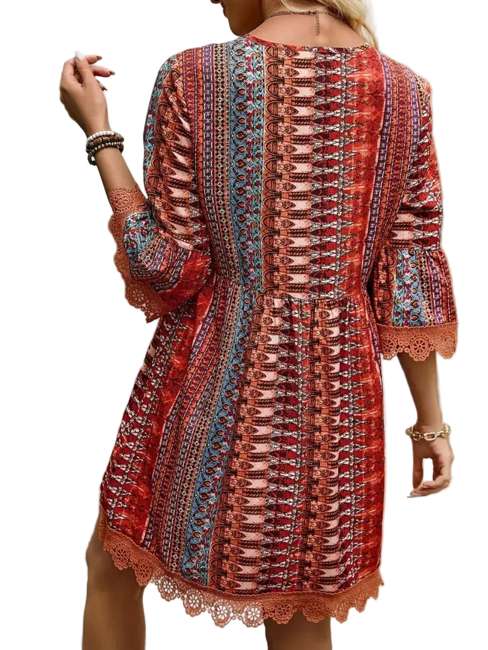 Lace Trim Printed V-Neck 3/4 Sleeve Dress Mini Dresses The Nichole Collection - Official Site