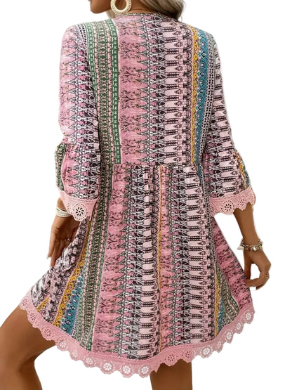 Lace Trim Printed V-Neck 3/4 Sleeve Dress Mini Dresses The Nichole Collection - Official Site