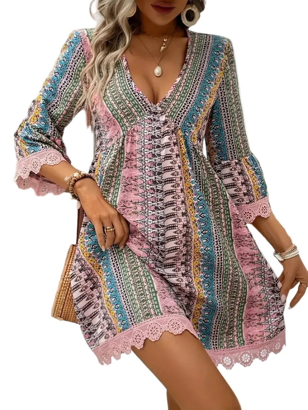 Lace Trim Printed V-Neck 3/4 Sleeve Dress Mini Dresses The Nichole Collection - Official Site
