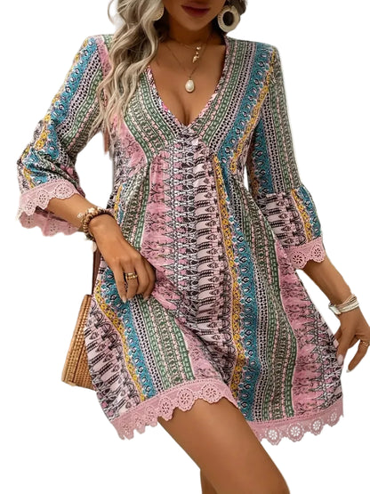 Lace Trim Printed V-Neck 3/4 Sleeve Dress Mini Dresses The Nichole Collection - Official Site