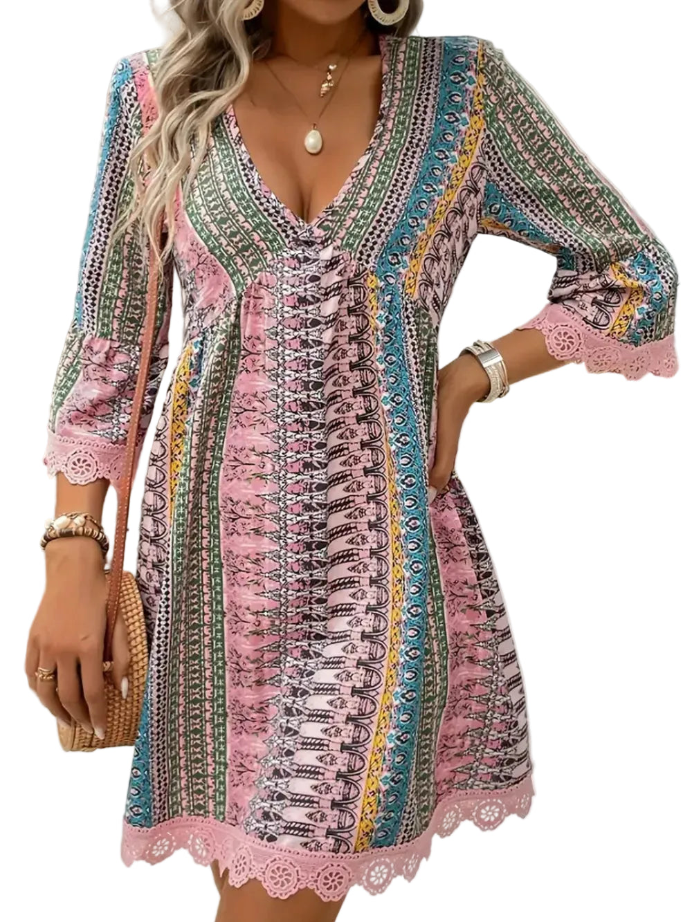 Lace Trim Printed V-Neck 3/4 Sleeve Dress Blush Pink / S Mini Dresses The Nichole Collection - Official Site