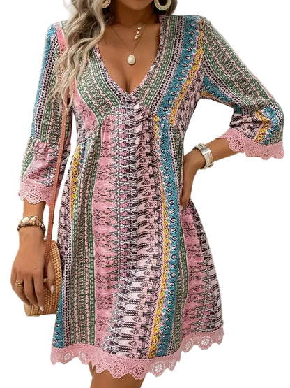 Lace Trim Printed V-Neck 3/4 Sleeve Dress Blush Pink / S Mini Dresses The Nichole Collection - Official Site