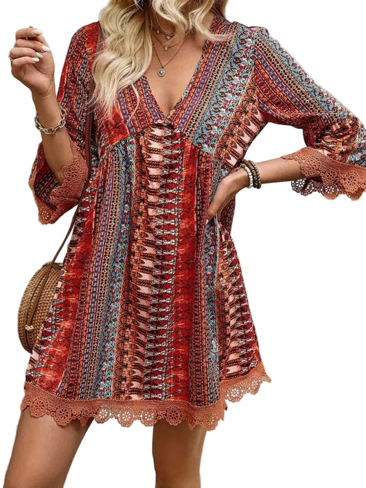 Lace Trim Printed V-Neck 3/4 Sleeve Dress Mini Dresses The Nichole Collection - Official Site