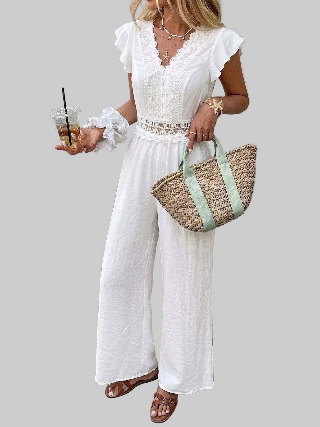 Lace Trim Wide Leg Jumpsuit Off-white / S Jumpsuits & Rompers The Nichole Collection - Official Site